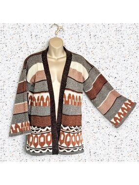Vtg 70s Ades Earthy Geometric Knit Sweater Cardigan Cozy Boho Bell Sleeve XL